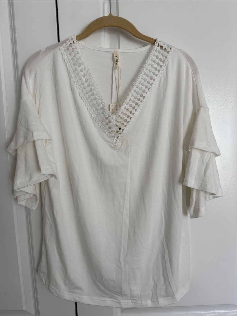 Women's White V-Neck Crochet Trim Ruffle Sleeve Top